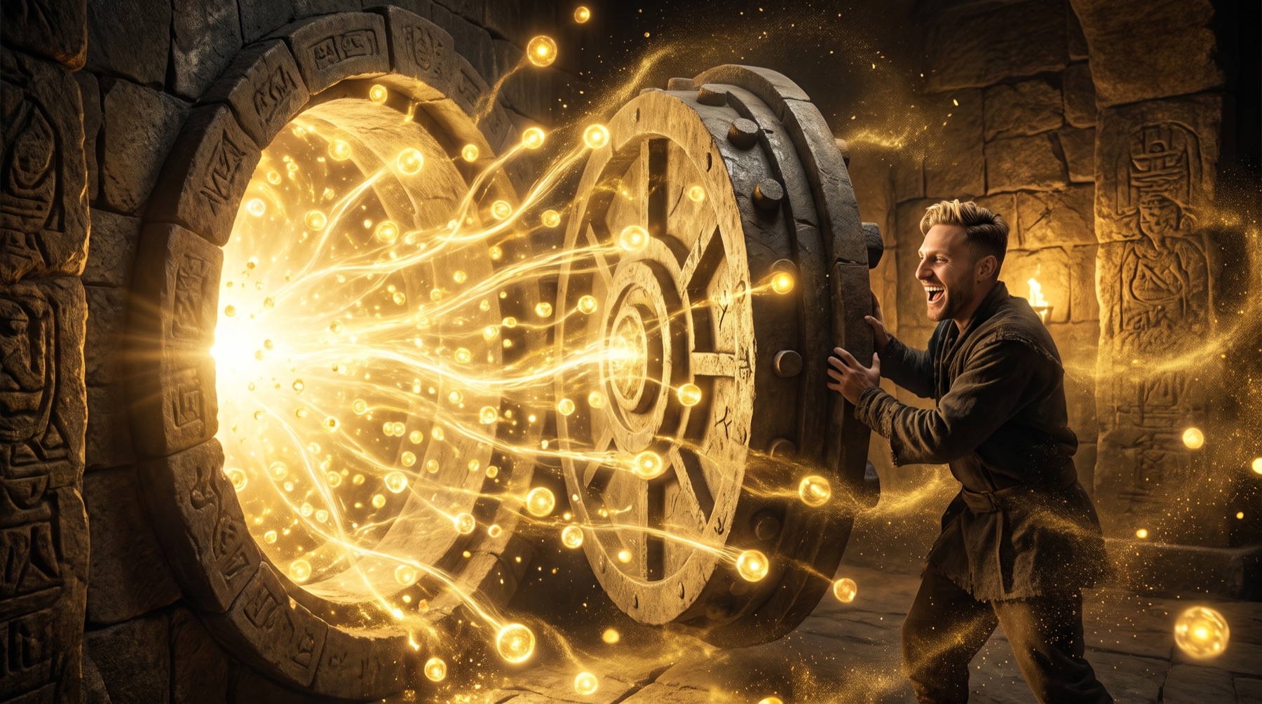 Energy Steve opening a vault door with golden light pouring out
